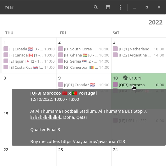 2022 FIFA World Cup how to sync the match schedule and scores to GNOME